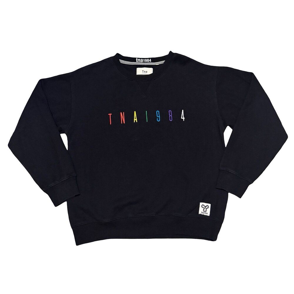 Aritzia TNA 1984 Black Rainbow Embroidered Pullover Crewneck Sweatshirt Sz Large
